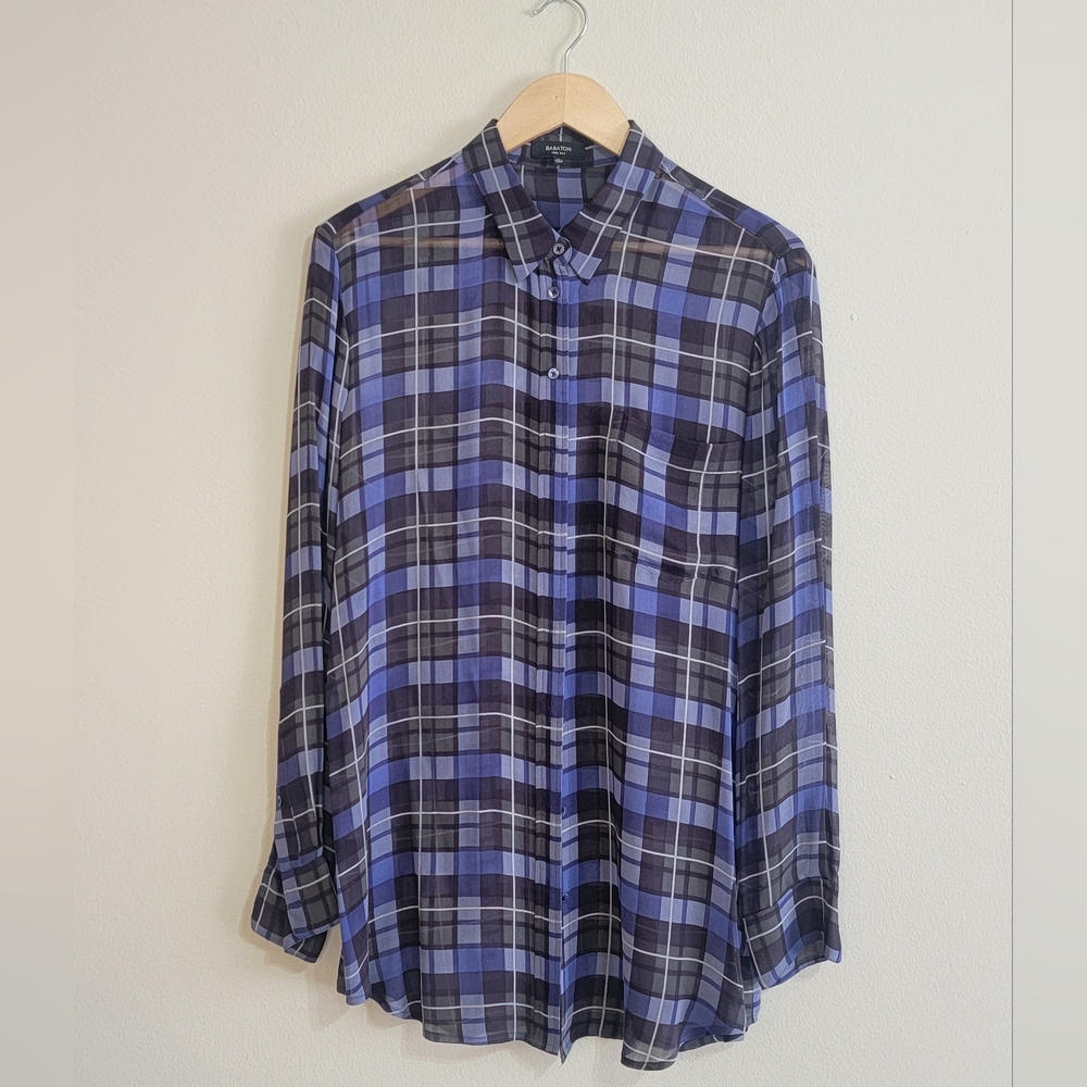 Babaton 100% Silk Purple and Black Plaid Button-Down Shirt